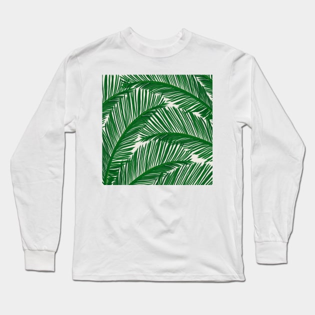 Modern Green Palm Leaf Tropical Pattern Long Sleeve T-Shirt by NdesignTrend